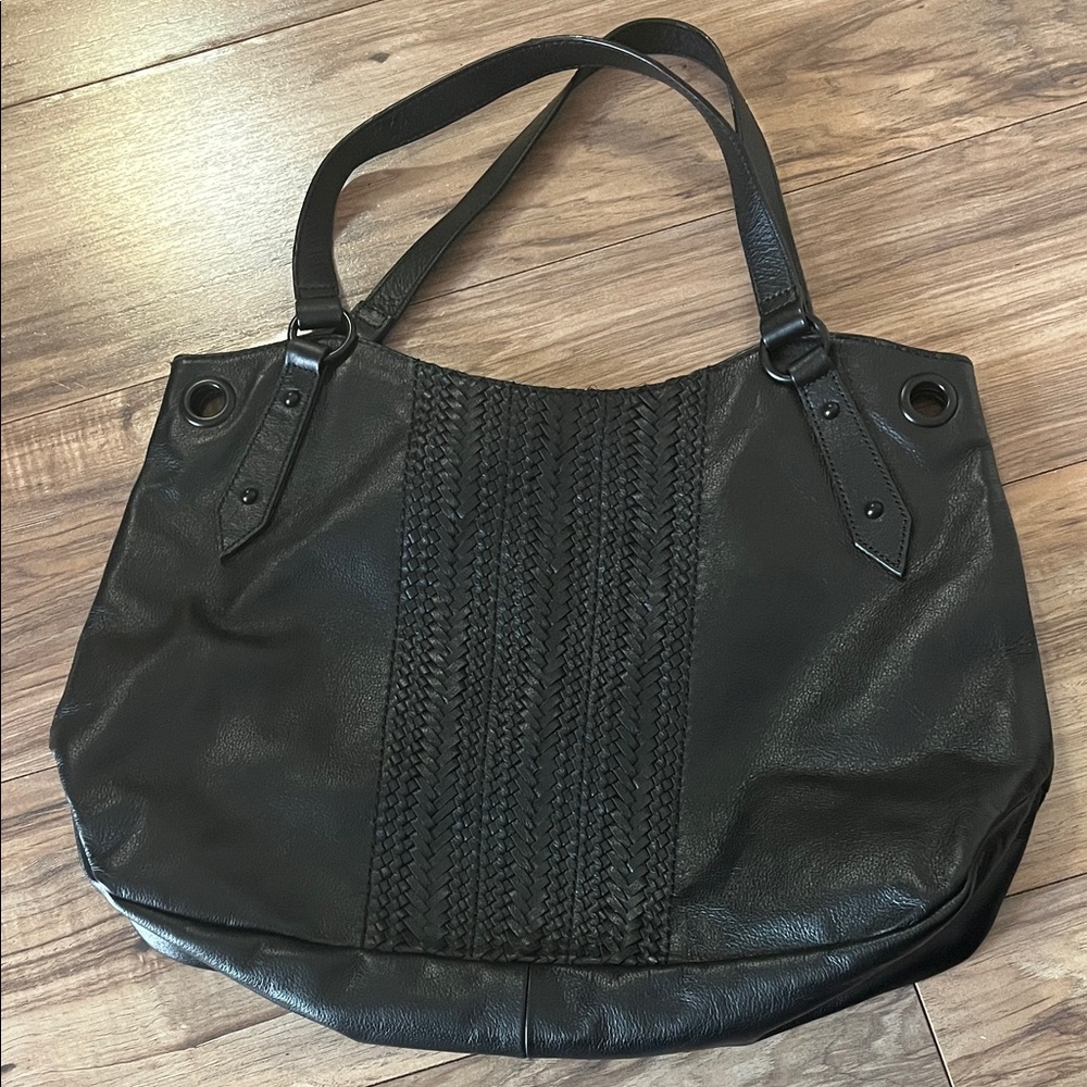 The Sak Black Leather Woven-Panel Tote